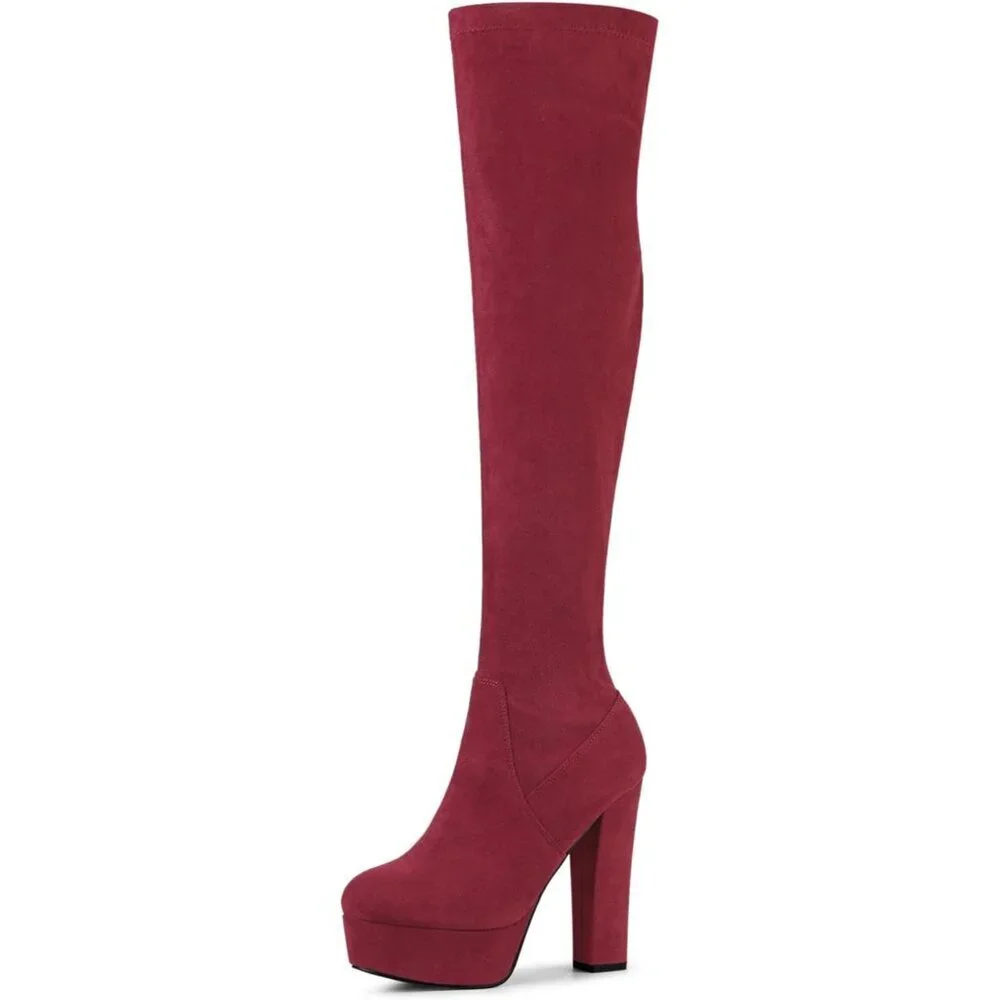 Women Burgundy Suede Chunky Heel Rounded Toe Over the Knee Thigh High Long Boots